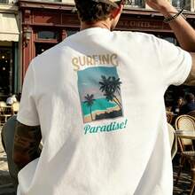 Men's T-Shirt Surfing Paradise Palm Sunset Beach Comfortable And Versatile Outdoor Casual Short Sleeve - White - View 3