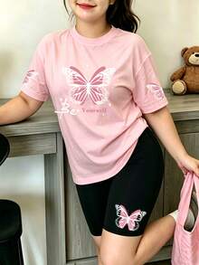 2pcs/Set Top ample à manches courtes et short élastique pour femmes grandes tailles, imprimé papillon, tenue de printemps/été à la mode et amusante, rose élégant - Rose bonbon - Voir 2