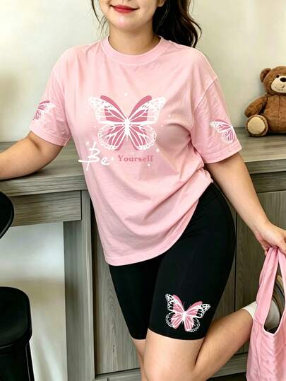 2 pièces Ensemble femme ample à manches courtes, papillon, shorts élastiques, tenue de mode et amusante pour le printemps/été