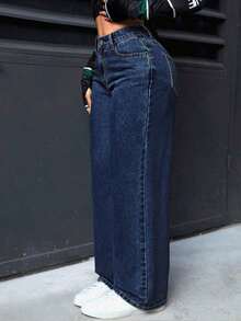 PETITE Jeans rectos de cintura alta lavados de estilo casual para mujer - Azul lavado oscuro - Ver 3