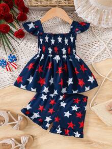 2pcs/Set Girls' Cute Sweet Bowknot Decor Star Print Camisole Top & Ruffle Hem Shorts Set - Dark Wash - View 2