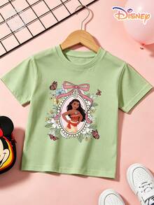 Officially Licensed Disney Moana Kids T-Shirt, 100% Cotton Floral Frame & Pink Bow Graphic Tee With Butterflies, Unisex For Boys & Girls Ages 4-14, Soft Breathable Fade-Resistant Fabric, Ideal For Theme Park, School & Daily Casual Wear, Perfect For Vacation, Birthdays & Children's Day Gifts - 抹茶綠 - 查看 2