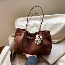 Bolso de mano moderno y versátil para mujer, estilo casual elegante con un toque de alta gama, bolso de hombro estiloso ideal para ir de compras, bolso de gamuza sencillo para mujer con gran capacidad, nuevo bolso de hombro vintage esmerilado de otoño 2026, bolso tote para ir al trabajo. - Marrón sin colgante - Ver 5