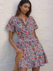 Allover Tiny Ditsy Floral Cutout Neck Bohemian Vacation Dress Elegant Summer - Multicolor - View 1