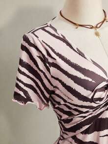 Vestido de manga corta con estampado de cebra, corte slim, tallas grandes, adecuado para el verano, vuelta al colegio, baile de graduación y otras ocasiones. - Multicolor - Ver 3