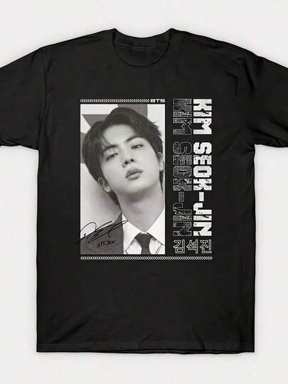 Camiseta para Hombre de Verano - Camiseta con Merchandise Impreso Interesante, Retrato de Kim Seok-Jin, Camiseta Gráfica Negra