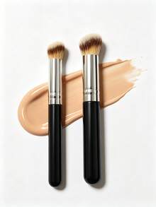 2 pièces Set de pinceaux de maquillage professionnels, pinceau à fond de teint en poils de nylon doux, pinceau à poudre, pinceau à contour, pinceau à blush, pinceau à highlighter, outils de maquillage essentiels pour femmes, portable - Noir - Voir 2
