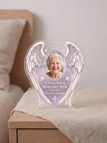 1pc Customized Photo & Text Angel Wings Acrylic Plaque, Personalized Name & Date Memorial Decor, Commemorative Gift, Condolence Remembrance, Forever In Our Hearts Memorial Decor, Mourning Family, Loved Ones, Family Memorial Display, Funeral Memorabilia, Memorial Altar Decoration - Multicolor - View 4