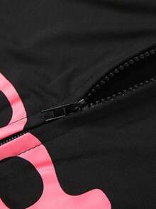 Y2K Hooded Zip-Up Crop Top & High Waist Leggings 2-Piece Set, Grey Form-Fitting Loungewear Outfit With Pink Letter Print - 黑色 - 查看 8