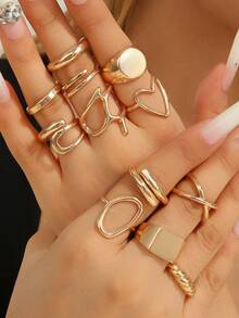 12pcs/Set Unique Metal Smooth Finish Ring Set, Exaggerated Geometric High-End Rings Suitable For Women's Daily And Party Wear - Yellow Gold - View 8