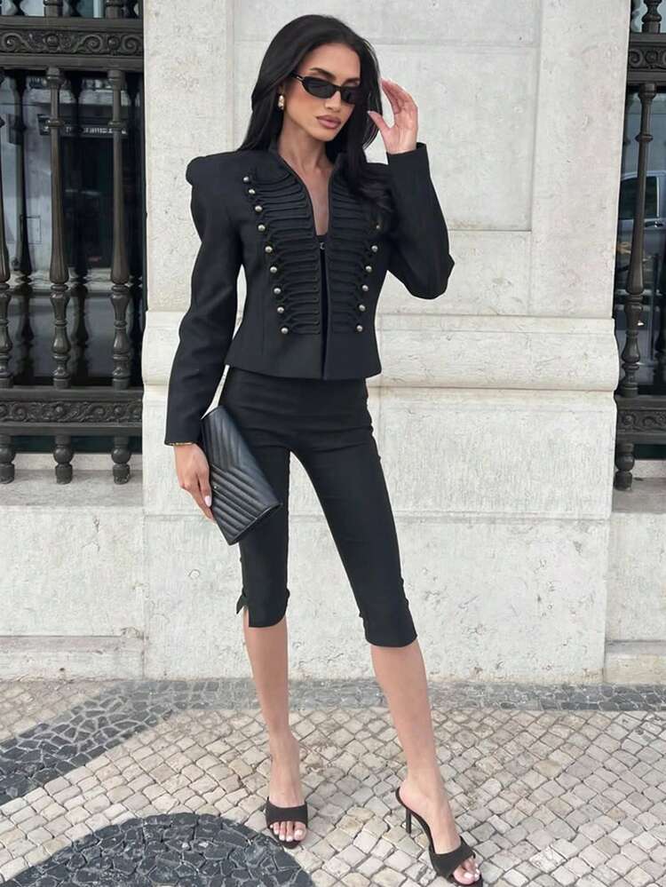 Áo khoác blazer kiểu dáng cổ điển, thanh lịch, hai nút, dáng suông, vai thẳng, có đệm, thích hợp cho lễ hội, kỳ nghỉ, công sở, trang phục ngoài trời sang trọng dành cho nữ. - màu đen - Xem 6