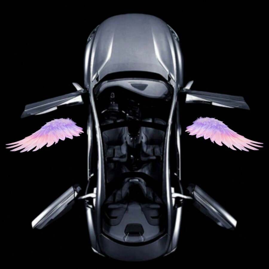 2pcs Pink Purple Gradient Wing Pattern Car Door Welcome Lights, Fashionable Car Accessories, Wireless Easy Installation, Battery Not Included, Romantic Gift For Car Owners