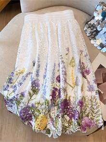 High-Waisted Elastic Skirt With Embroidered Lace And Water-Soluble Print - 紫色 - 查看 3