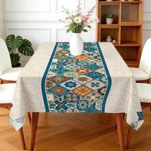 1pc Rectangular Polyester Tablecloth, Blue & Orange Tile Pattern Design, Single-Sided Printing, Suitable For Tabletop, Washable And Reusable, Applicable For Indoor, Outdoor, Patio, Wedding, Party, Dining, Craft Exhibition, Banquet Decoration - Multicolor - View 6