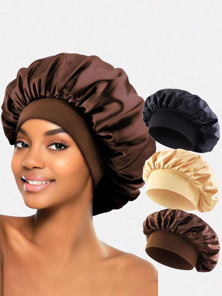 3pcs Women's Multicolor Wide-Brimmed Satin Sleep Cap & Hair Wrap Suitable For Daily Use Silk Bonnet Satin Bonnet Hair Sleep Cap Sleep Bonnet - Multicolor - View 11