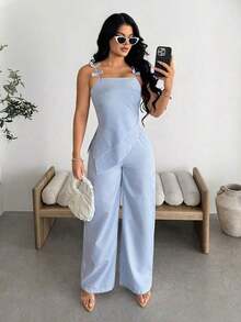 Conjunto de 2 piezas de blusa asimétrica con cuello de lazo a rayas azul y blanco y pantalones rectos informales para mujer, conjunto de vacaciones de verano en azul claro y azul bebé para mujer - Azul - Ver 3