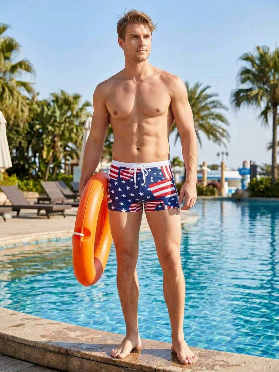 Men's New American Flag Star & Stripe Asymmetrical Flag Print Pattern Waist Drawstring Lined Four-Corner Swim Trunks Beach Vacation Hot Spring Water Play Swimwear - Multicolor - View 1