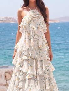 Elegante vestido maxi romántico de gasa, decoración de cuello con flores 3D - Exquisita impresión floral, dobladillo con volantes multicapa, silueta fluida hasta el suelo | Ideal para bodas románticas en jardines y elegantes noches de citas en primavera - Albaricoque - Ver 5