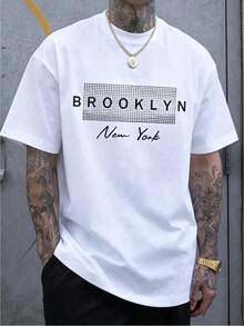 1pc Mens Clothes Brooklyn Letters Print Black TShirt, Unisex Casual Crew Neck Tshirt, Plus Size Men's Clothing 5XL, Lightweight 180gsm Knit Fabric, Machine Washable, For Spring/Summer/Fall, Valentine's Day,Thanksgiving, Christmas - 白色 - 查看 1