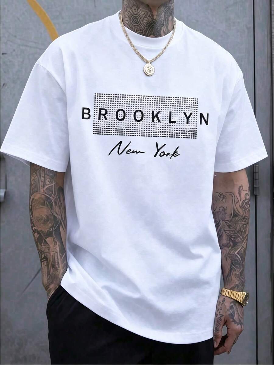 1pc Mens Clothes Brooklyn Letters Print Black TShirt, Unisex Casual Crew Neck Tshirt, Plus Size Men's Clothing 5XL, Lightweight 180gsm Knit Fabric, Machine Washable, For Spring/Summer/Fall, Valentine's Day,Thanksgiving, Christmas - 白色 - 查看 1
