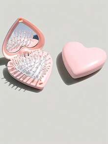 1pc Portable Pink Heart-Shaped Folding Comb With Mirror - No Battery Needed, Cartoon Design, Cute Valentine's Day/Birthday Gift, Dual Use For Home & Outdoor, Personal Beauty Tool, Durable Plastic Material, Sturdy Structure, Essential For Makeup Lovers, Suitable For Friends, Girlfriends, Couples, Family, Mother's Day, Valentine's Day, Thanksgiving, Christmas Hair Styling Tool Kit - Multicolor - View 4
