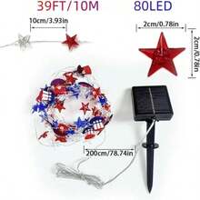 80LED 39FT Copper Wire Star Hat String Lights, Red White Blue Patriotic LED Fairy Lights, 4th Of July Decor, Ideal For Presidents Day, Independence Day, Memorial Day, Garden Yard Party Decoration - 星星帽銅線燈 - 查看 5
