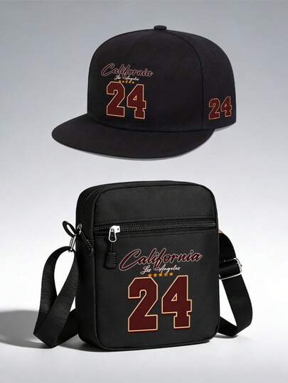 1pc/2pcs "California 24" Numeric Design Print Unisex Flat Brim Casual Baseball Cap And Crossbody Bag, Street Fashion Outdoor Sports Cap And Bag, Adjustable, Suitable For Daily Wear And Gifts