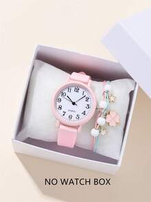 Set de 2 relojes de cuarzo con correa de silicona y esfera numérica minimalista + pulsera, reloj de moda para estudiantes - Rosa - Ver 1