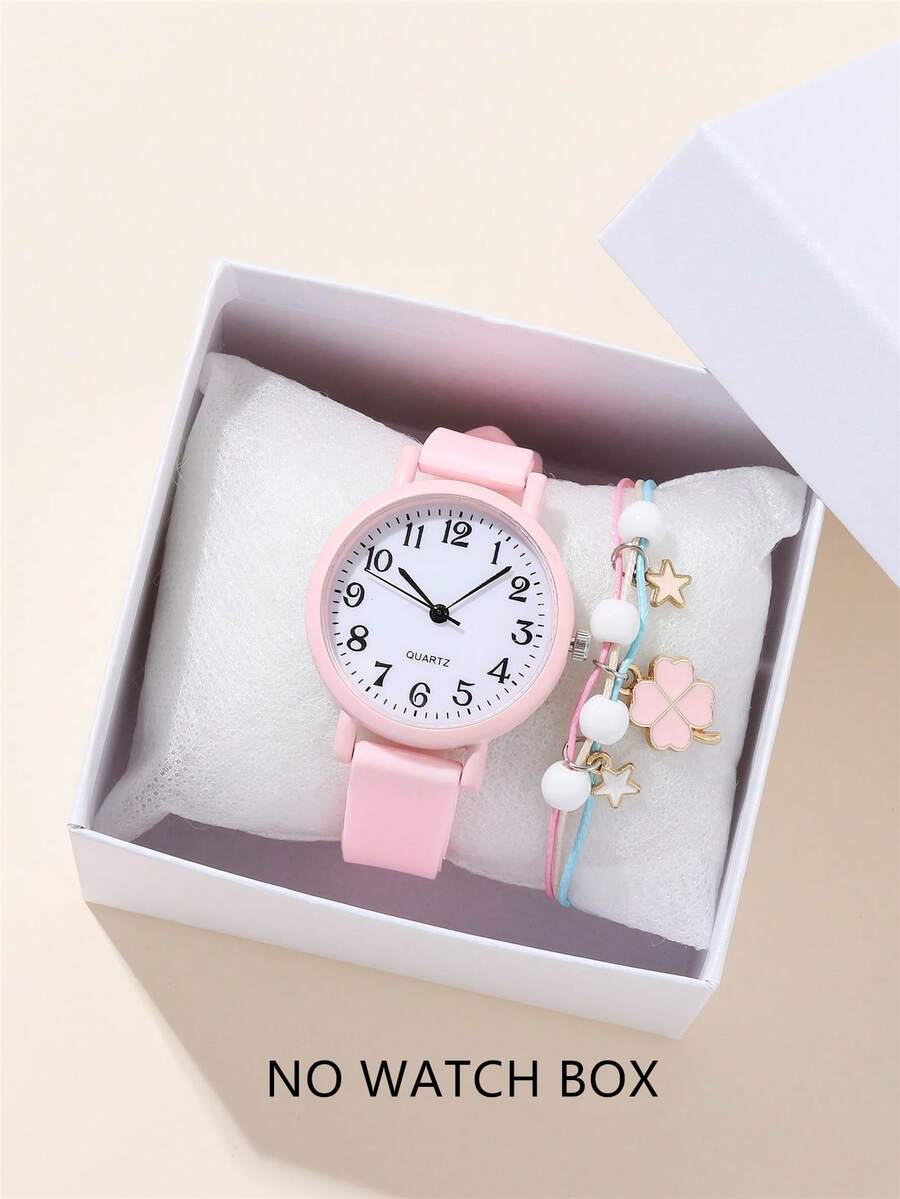 Set de 2 relojes de cuarzo con correa de silicona y esfera numérica minimalista + pulsera, reloj de moda para estudiantes - Rosa - Ver 1