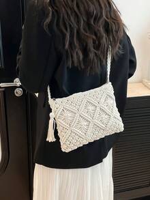 Vintage Woven Handbag, Bohemian Style Crossbody Bag, Woven Set Fabric Beach Bag, Tassel Decor Crochet Bag - White - View 2