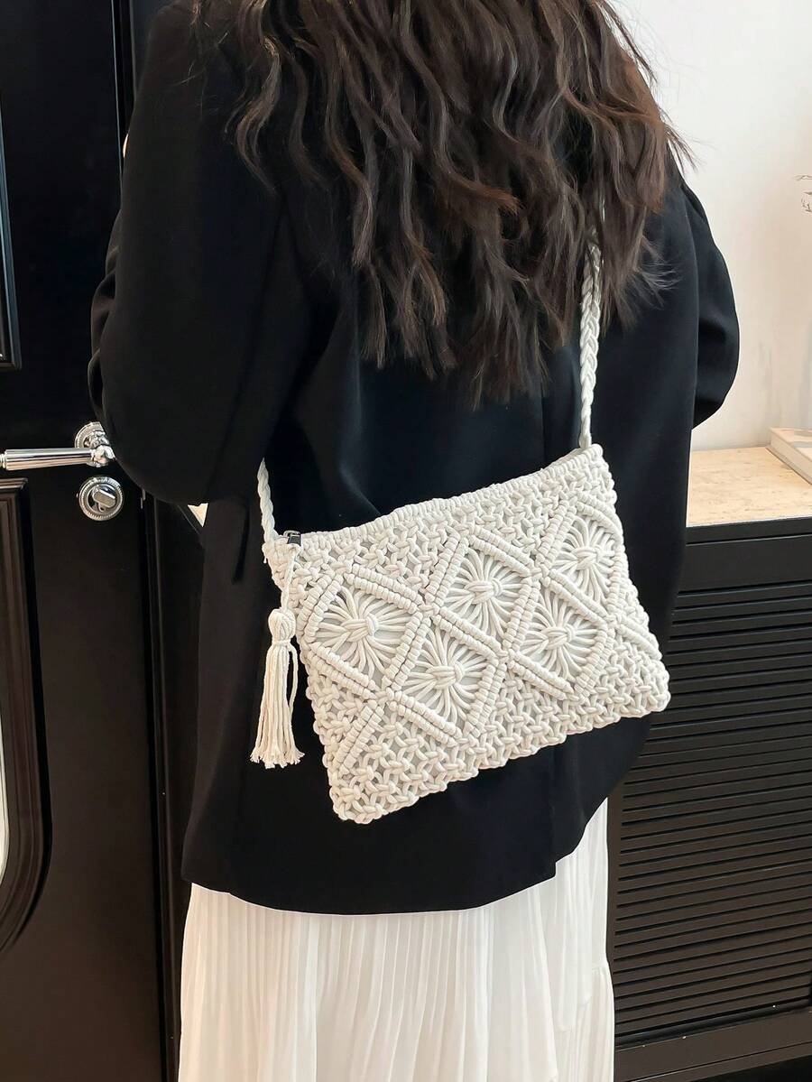 Vintage Woven Handbag, Bohemian Style Crossbody Bag, Woven Set Fabric Beach Bag, Tassel Decor Crochet Bag