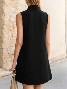 Vestido sin mangas negro de oficina, elegante, versátil y sencillo, con diseño de bolsillo grande y cuello en V, para primavera/verano - Negro - Ver 2