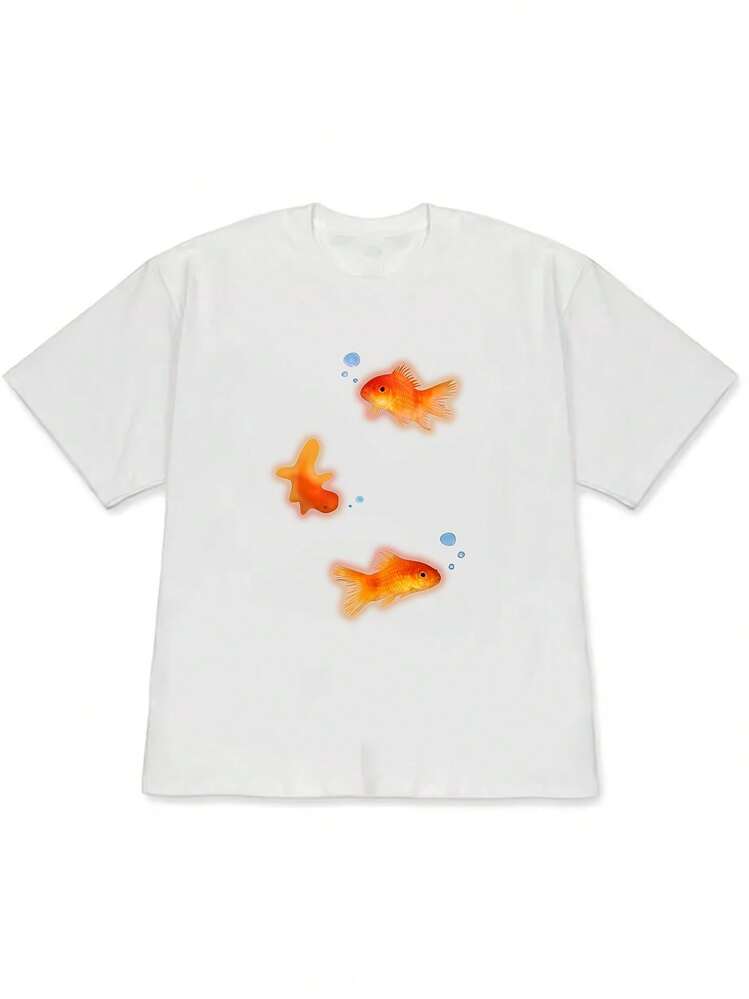 Primavera Grafica.1pac.100%Cotton.Good-Looking Goldfish Printed Pattern Mid-Length Short Sleeve Unisex Summer Casual T-Shirt Top.Versatile.Classic - White - View 6