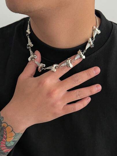 1 pieza Collar con colgante de diente de tiburón de metal, estilo personalizado de moda hip-hop para hombres