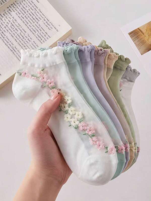 5 Pairs Random Floral Print Thin Ankle Socks, Soft & Comfortable For Daily, Work, School, Casual Wear