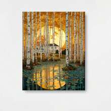 2D Plano, Bosque de Abedules Vintage y Sol Gigante - Póster de Lienzo Enmarcado en Madera de Abedul Dorado de Otoño, Montado Previamente, Bosque Romántico de Abedules Adecuado para Decoración de San Valentín, Pascua, Año Nuevo - Decoración Económica para Habitaciones, 2D Plano - Enmarcado - Ver 1