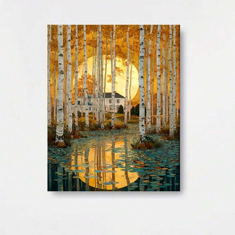 2D Plano, Bosque de Abedules Vintage y Sol Gigante - Póster de Lienzo Enmarcado en Madera de Abedul Dorado de Otoño, Montado Previamente, Bosque Romántico de Abedules Adecuado para Decoración de San Valentín, Pascua, Año Nuevo - Decoración Económica para Habitaciones, 2D Plano - Enmarcado - Ver 1