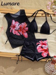 Conjunto de bikini de 3 piezas/set: Top halter casual y sexy con cubierta de malla floral transparente, Bottom de traje de baño con lazos laterales, tela con estiramiento moderado, adecuado para vacaciones, playa, actividades en la piscina, fiestas en la playa, vacaciones de verano - Multicolor 6 - Ver 1