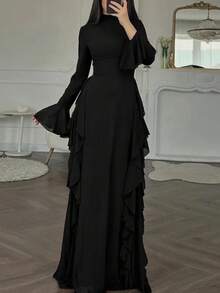 2025 Vestido largo elegante informal de cintura alta de color sólido con mangas acampanadas para mujeres europeas y americanas con mangas largas - Negro - Ver 4