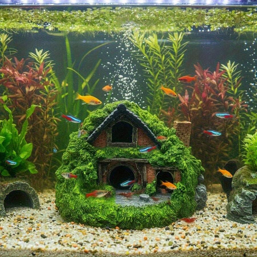 3pcs Set Double-Layer Moss Cottage With 2pcs Seaweed, Realistic Resin Cave Hideout With Multi-Entrance Design, Natural Landscape Aquarium Decor Suitable For Betta Fish And Small Ornamental Fish