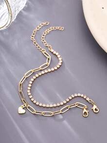 2pcs/Set Luxury Delicate Heart Pendant Bracelets, Rhinestone Chain Bracelet Set For Women - Yellow Gold - View 5