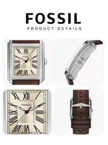 Fossil 奢华品牌男士石英表，复古长方形坦克表壳，银色方形表盘，棕色皮表带，罗马数字时标，复古风格腕表，男士经典礼物，生日、父亲节、周年纪念日、商务、办公、毕业典礼等场合的理想之选。 - 棕色 - 查看 5