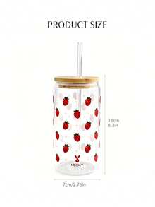 MEOKY 16oz Glass Cup With Lid And Straw, Cute Pattern Clear Borosilicate Glass Tumbler, Daily Drinking Cup For Home, Office Coffee, Back To School & Holiday Gift, For Girls And Students - Transparent Strawberry - View 3