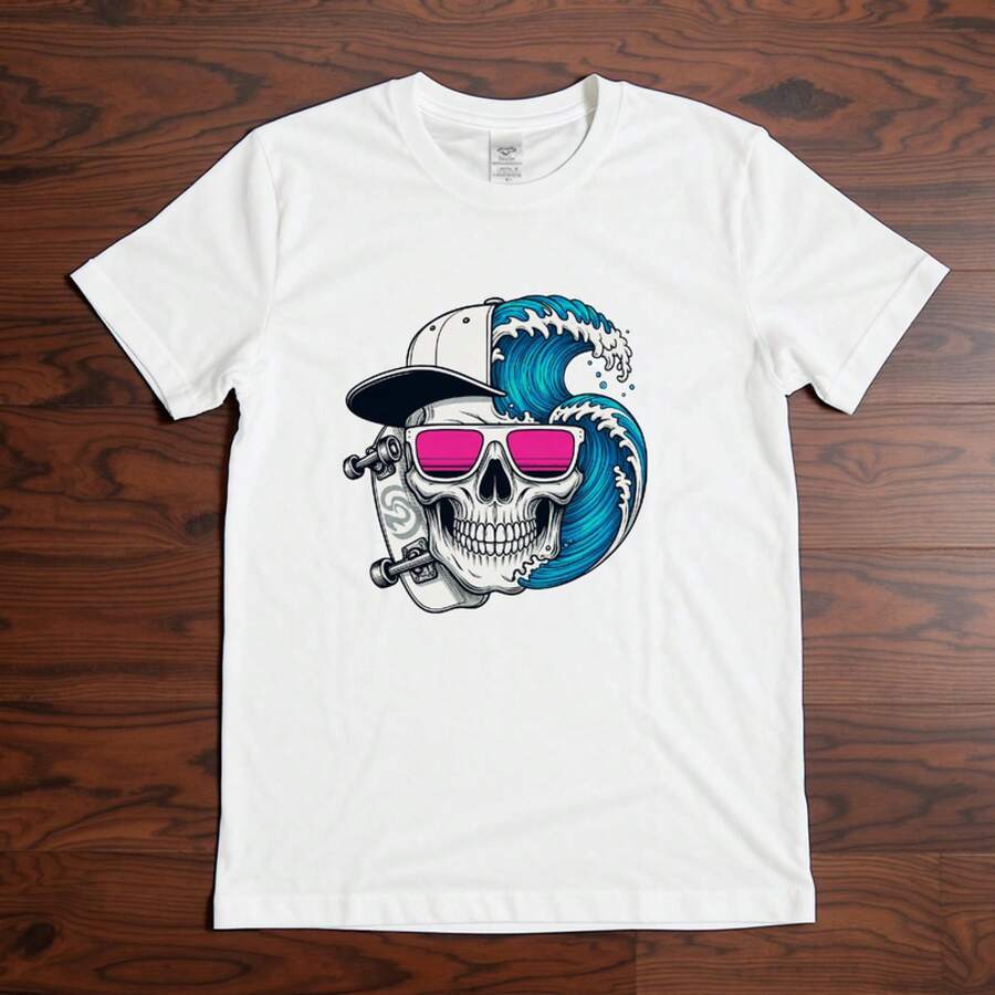 VintageSurf Skull T-Shirt | Skateboard Wave Graphic Tee | Cool Beach Punk Streetwearsummer Tops - 白色 - 查看 1