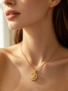 1PC Classic Elegant Style Stainless Steel Pendant Necklace With Moon And Rose Design Inlaid Glass Decoration, Suitable For Women's Daily Wear, Shopping, Parties Or Gatherings - Yellow Gold - View 4