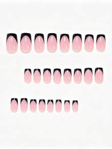 24pcs Medium Square Minimalist Elegant Black French Pink Nails Fashion Dark Night Black French Style Nude Pink Fake Nails Including 1pc Jelly Glue And 1pc Nail File Full Coverage Fake Nails, Suitable For Women And Girls, Jelly Glue Shipped Randomly - Black - View 2