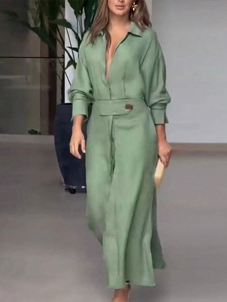 2026 Women's Elegant Clothing Scroll Solid Color Strap Waist Dress Long Dress - 綠色 - 查看 1