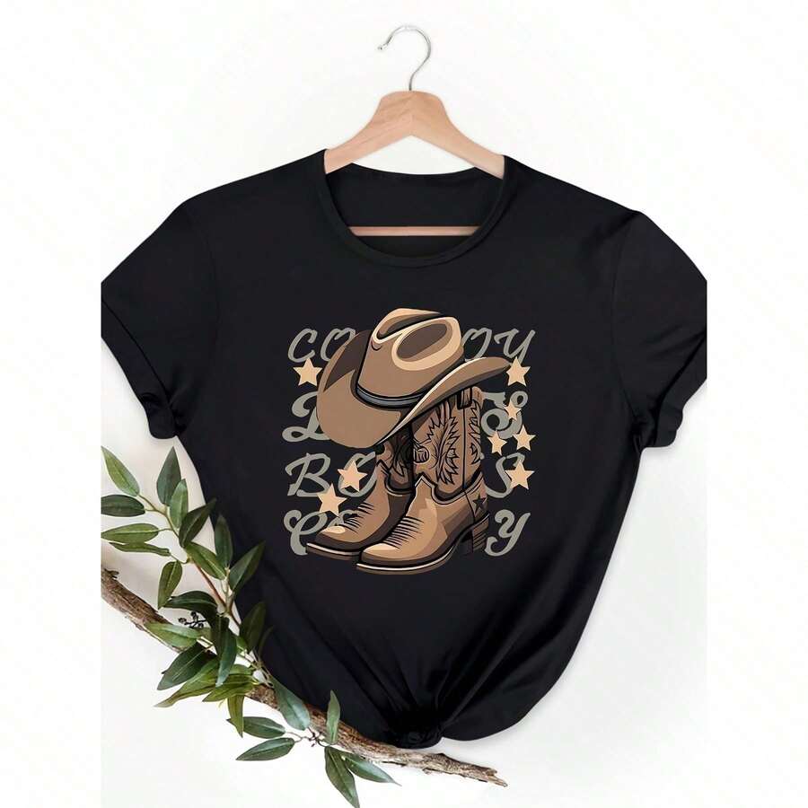 Modern And Comfortable Short-Sleeved Top With Cowboy Hat And Boot Design - 10075416 - [] - 查看 1