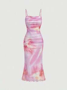 MOD Vestido largo de tirantes con estampado floral rosa y plisado de malla para el verano - Lila Púrpura - Ver 4