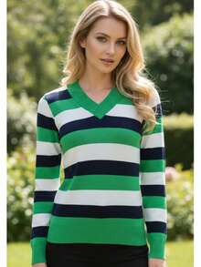 Women's Striped Sweater Top | Women's Long Sleeve Striped Top | Striped V-Neck Top - 海軍綠 - 查看 2